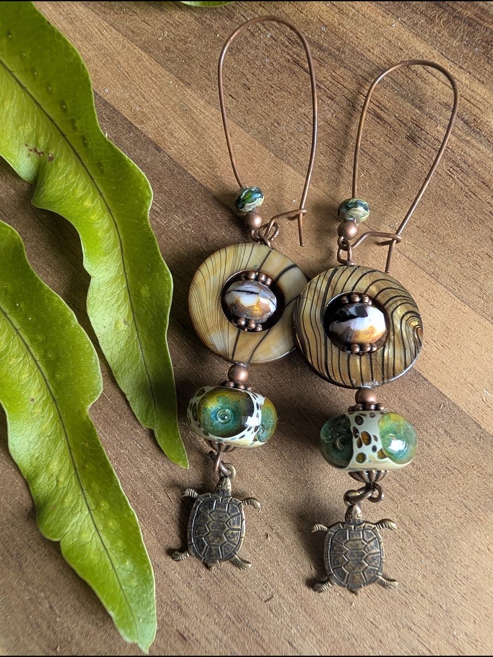 Handcrafted Turtle Drop Earrings - Green and Brown